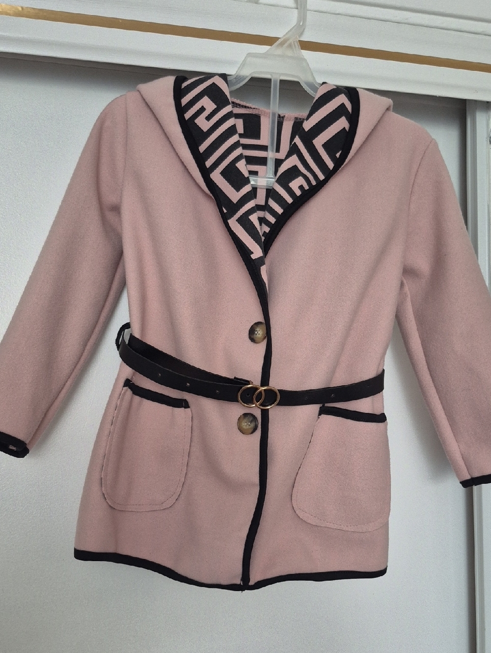 Girls' Pink Hooded Coat with Contrast Trim and Belt